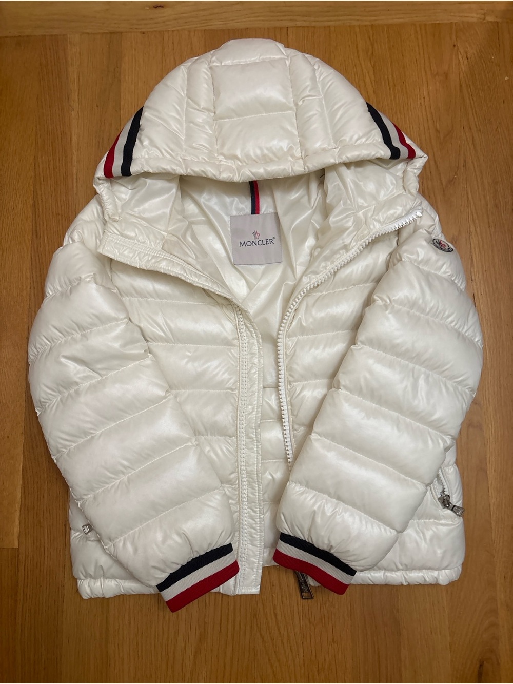 Moncler Kids Cream Puffer Jacket with Tricolor Trim
